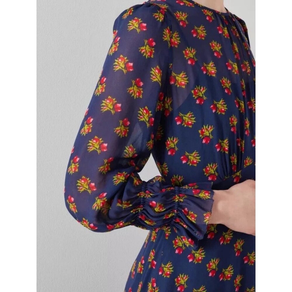 LK BENNETT Wren Blu-navy Multi Crewneck Floral-print Woven Midi Dress Sz 8 - Picture 3 of 8